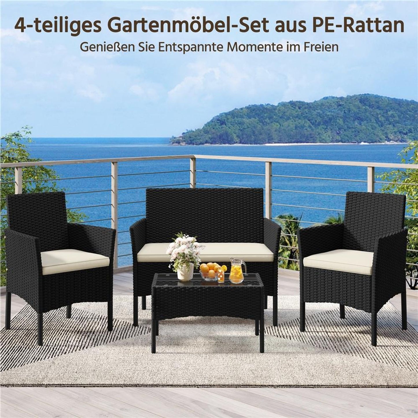 Yaheetech 4-teiliges Rattan-Lounge-Set – Tisch, 2 Stühle und 2-Sitzer-Sofa – wetterfeste Kissen – Schwarz und Beige – 106 x 58 x 80 cm