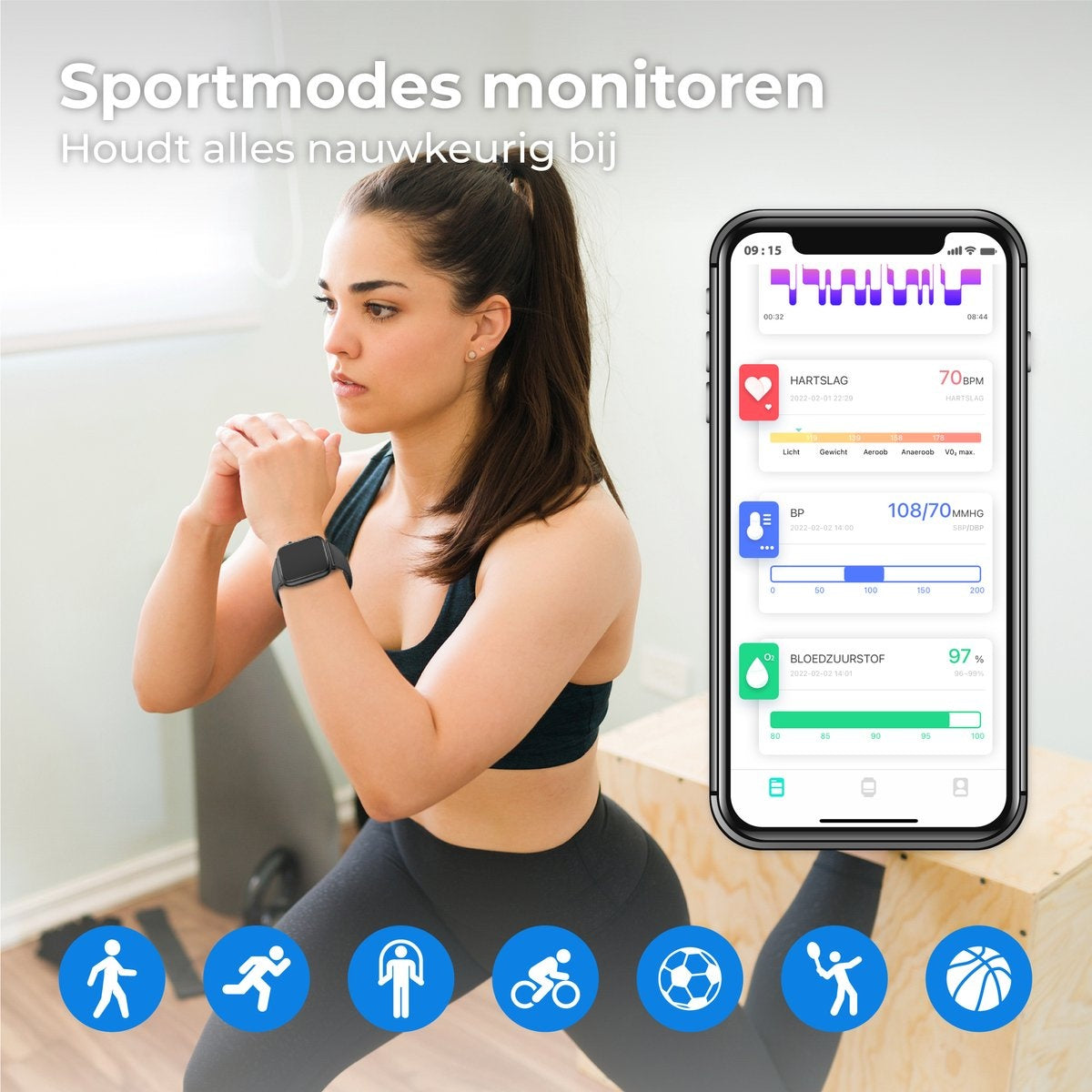 Nuvance Smartwatch Männer & Frauen - 45mm - Für iOS & Android - Schrittzähler und Herzfrequenzmesser - Wasserdicht - Schwarz