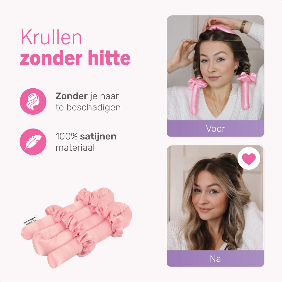 Hitzefreie Locken - Lockenwickler - Lockenwickler - Haarwickler - Inkl. 2 Haargummis und 1 Haarspange - Satin