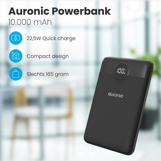 Auronic Powerbank - Schnellladegerät für iPhone und Samsung - 10.000 mAh - 22,5 W - 2 Ladeanschlüsse - Schnellladen über USB-A und USB-C - Schwarz