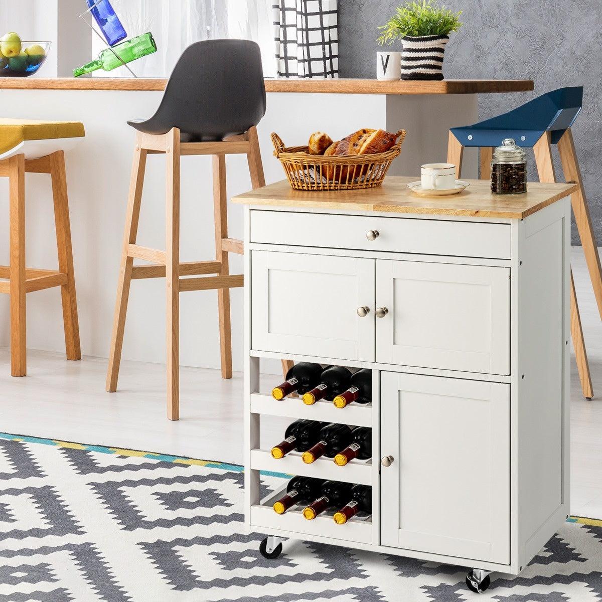 Servierwagen Küchenwagen aus Holz mit 3 Weinplatten