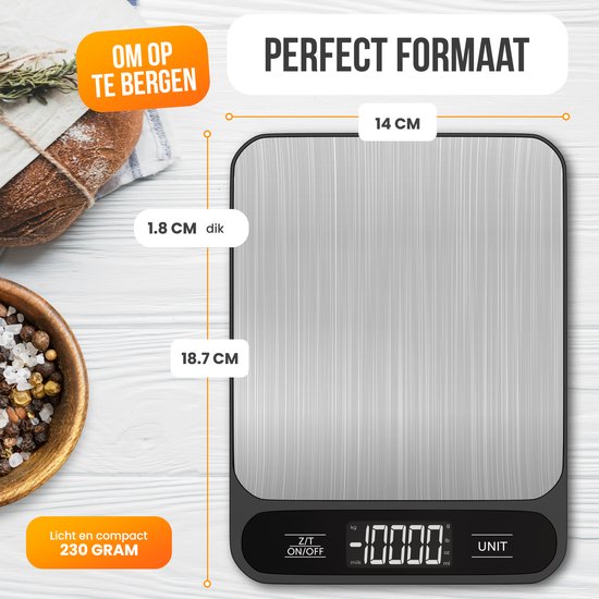Strex Digitale Küchenwaage - Küchenwaage - 1 g bis 10 kg - Tara-Funktion - Inklusive Batterien - Edelstahl/Schwarz