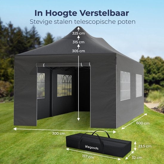 LifeGoods Partyzelt - 3x6 m - Seitenwände - Easy Up - Anthrazit
