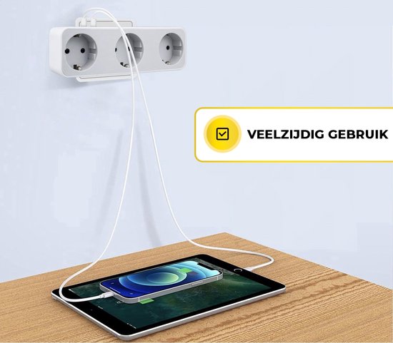 MostEssential Premium 5-in-1-Steckdosenleiste – Steckdosenverteiler – 3 Steckdosen & 2 USB-Anschlüsse – horizontal – weiß