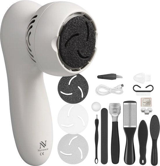 Nuvance Elektrischer Hornhautentferner – inkl. 3 Scheiben – Hornhautentferner – 12-teiliges Pediküre-Set – Fußfeile – über USB aufladbar – Weiß