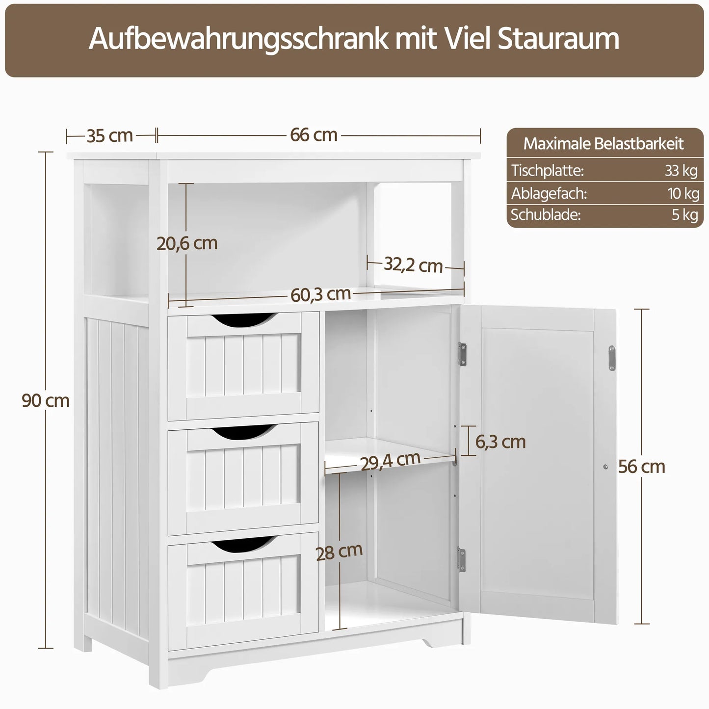 Yaheetech Badezimmerschrank mit 3 Schubladen - mit verstellbarem Regal und offenem Stauraum und Metallbeschlägen - für Badezimmer, Wohnzimmer und Schlafzimmer - weißes Mdf und Metall - 66 x 35 x 90 cm