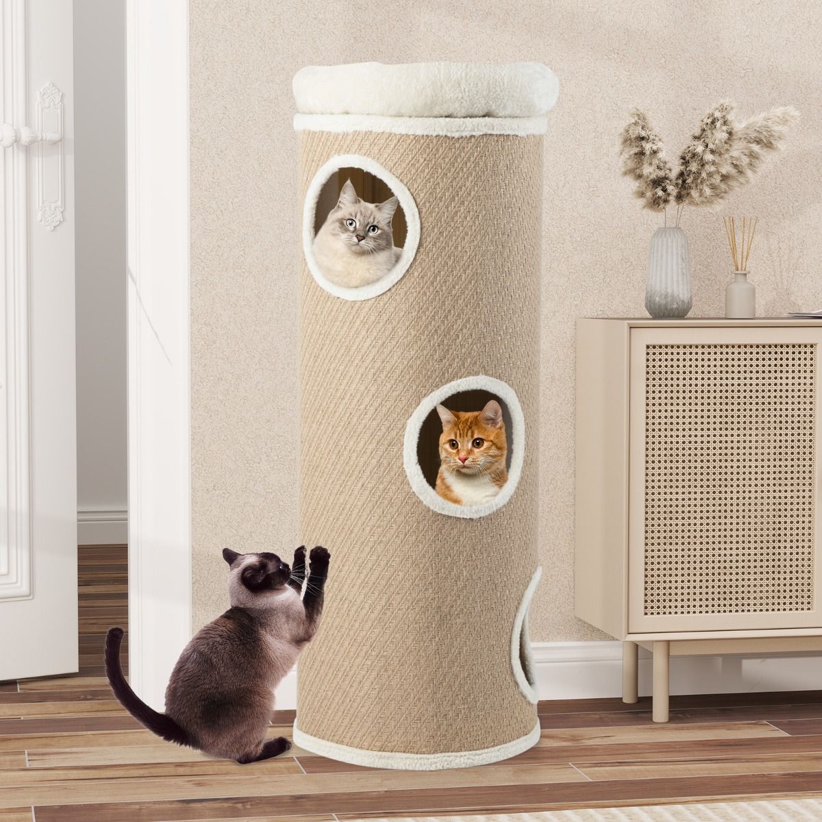 Coast Katzenhaus mit vier Etagen – Plüschbett – Sisal-Kratzbäume – Braun 43 x 43 x 113 cm