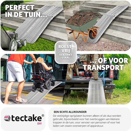 tectake - 2er-Set Björn-Rampen - Zusammenklappbar mit Tragegriffen - Zusammenklappbar - Belastbarkeit bis 400 kg - 200 kg pro Rampe - 166 cm