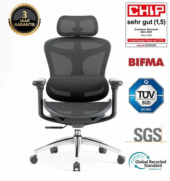 SIHOO Doro C300 Ergonomischer Bürostuhl – 3D-Armlehnen – Selbstanpassende Lendenwirbelstütze – Intelligenter Gewichtsmechanismus – Netz-Rückenlehne – 3 Neigungspositionen – TÜV/SGS-zertifiziert – Bis zu 150 kg – 70 x 69 x 128 cm – Schwarz