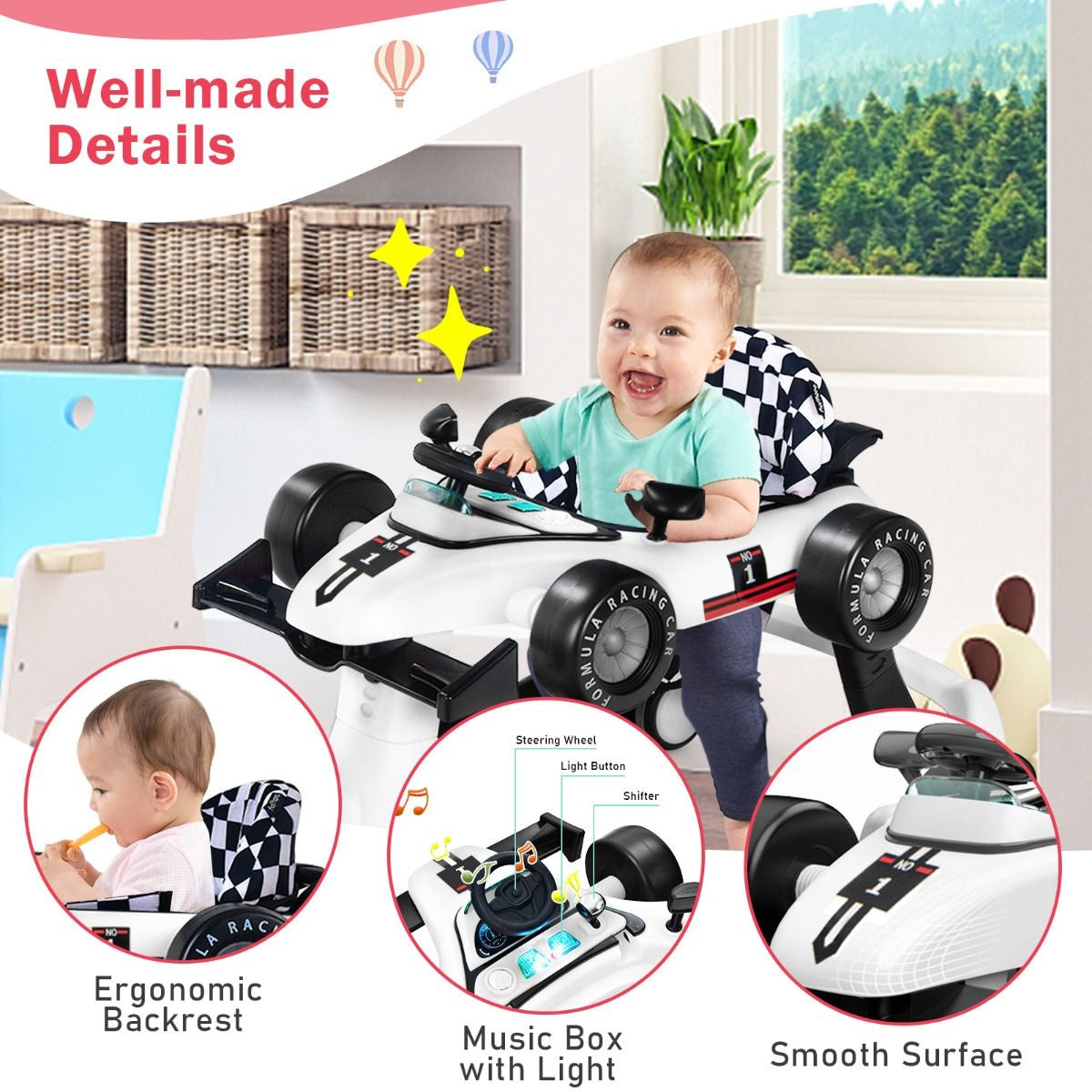 Coast 4-in-1-Kinderwagen - Mit verstellbarer Höhe und Geschwindigkeit Babywagen - Mit Anti-Rutsch-Pads - Zusammenklappbarer Lauflernwagen - Schwarz/Weiß