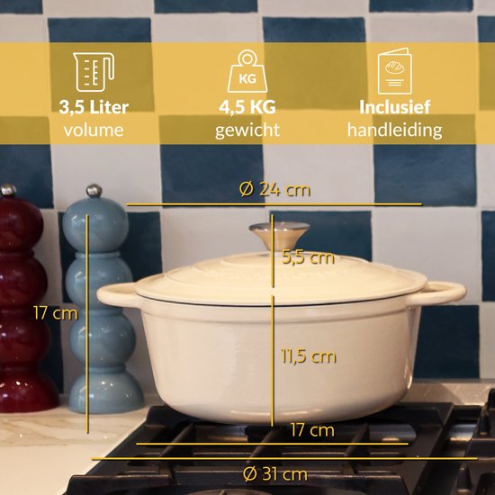 Chefarone Gusseisenpfanne 3,5 l – PFAS-frei – Bratpfanne inklusive Deckel – Für alle Herdarten geeignet – Emailliert, cremeweiß
