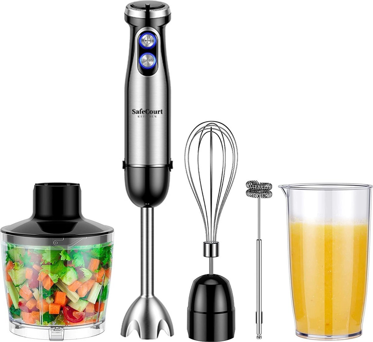 Safecourt Kitchen - 6-teiliges Stabmixer-Set - Inklusive Milchaufschäumer & Messbecher - Zerkleinerer - 1000 Watt - 20 Geschwindigkeiten