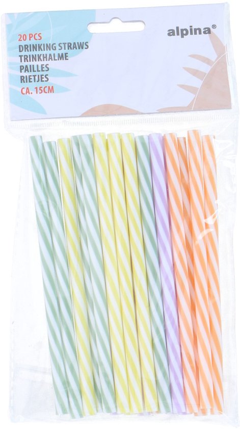 Alpina Straw 20 Stück 4-farbig – Set mit 20 Trinkhalmen – Kunststoff – spülmaschinenfest – ideal für kalte Getränke – Länge 22 cm – 4-farbig gestreift (Orange, Gelb, Grün, Lila)