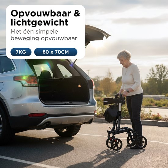 Medzone Rollator leicht und faltbar - für drinnen und draußen - Sitzfunktion - Rückenlehne und Gehstockhalterung - Schwarz