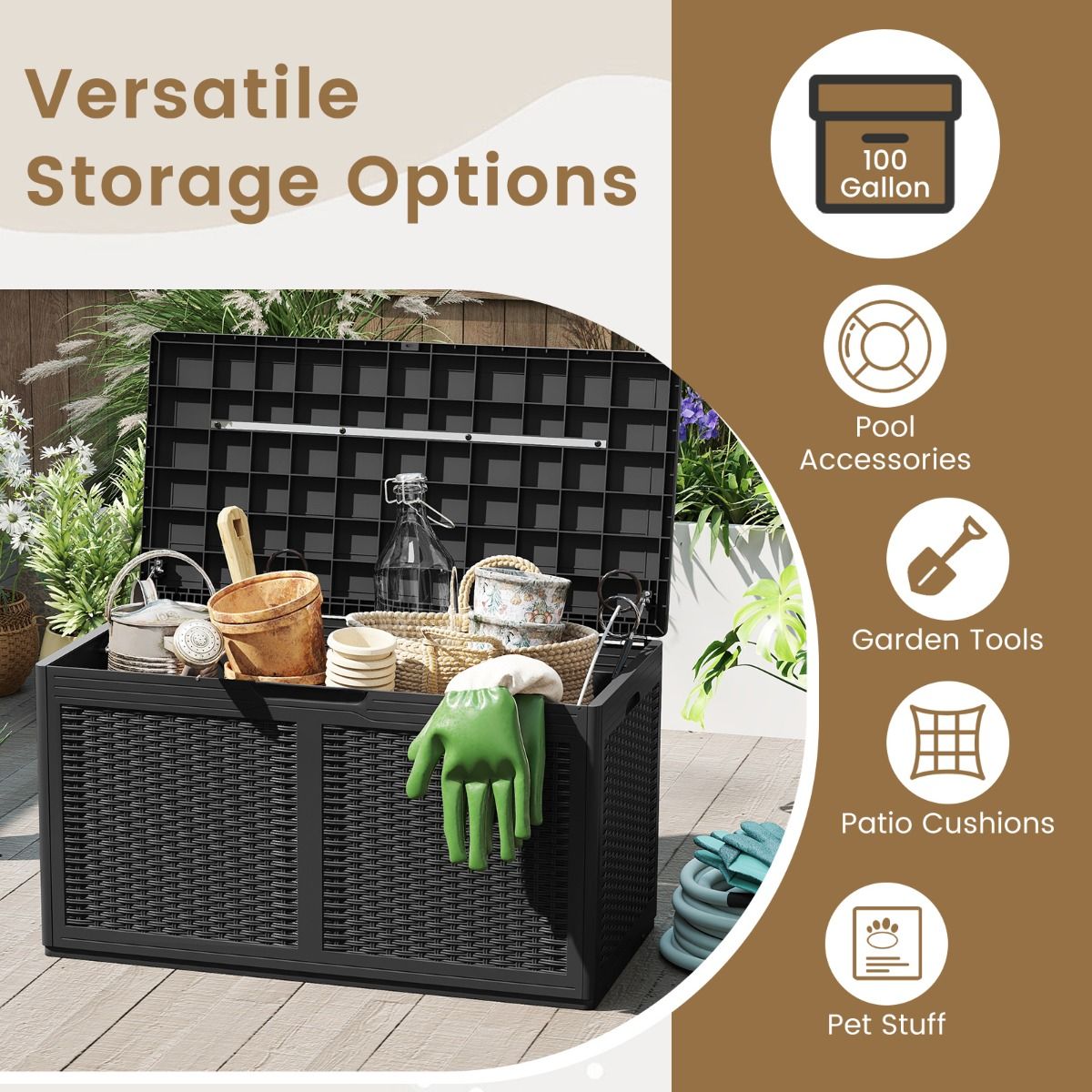 Coast Gartenbox mit Rollen – wasserdichte Aufbewahrungsbox – Sitzbank – schwarz – 380 Liter