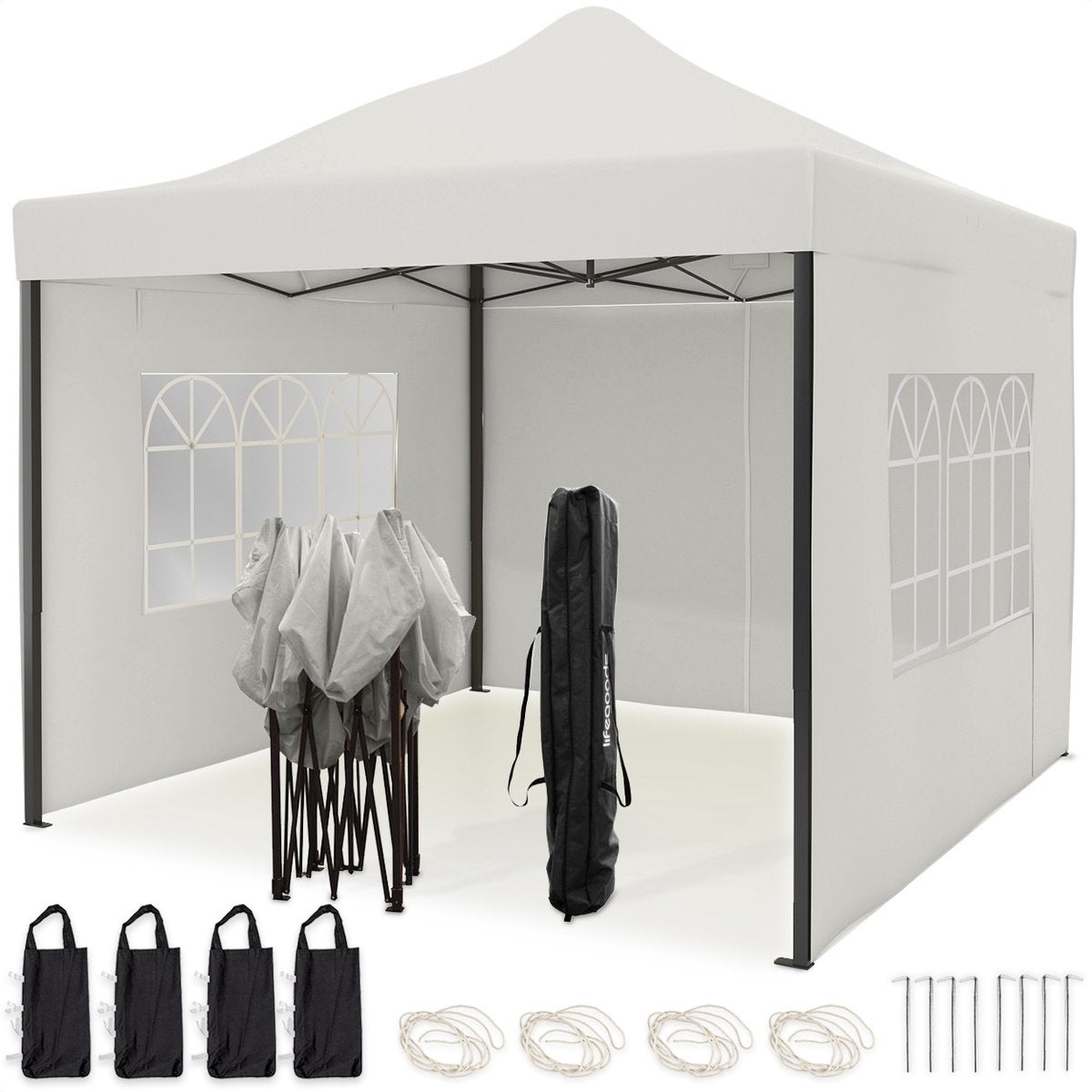 LifeGoods Partyzelt - Pavillon - 3x3 m - Seitenwände - leicht aufbaubar - faltbar - wasserdicht - Tragetasche mit Rädern - weiß