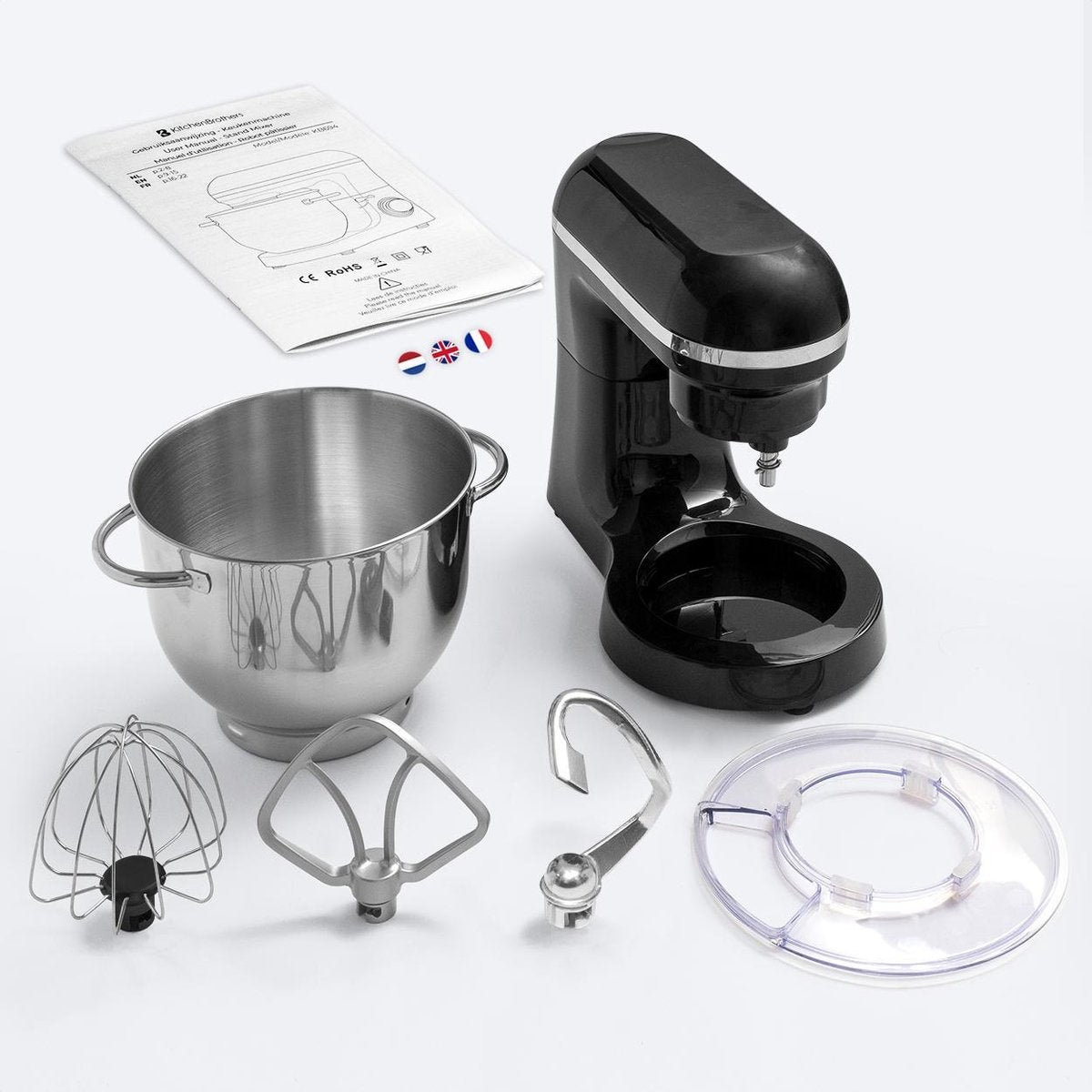 KitchenBrothers Küchenmaschine - Küchenmixer mit 6L-Edelstahl-Mixschüssel - Küchenroboter - 1400W - Schwarz