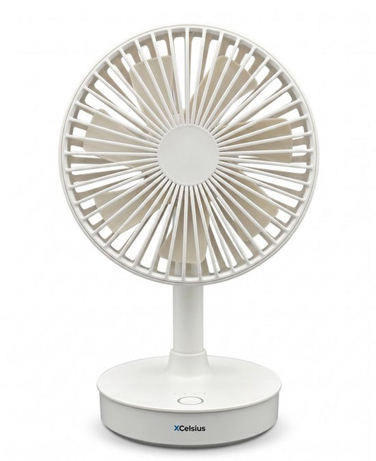 XCelsius® Kabelloser Tischventilator – Ventilator für Schreibtisch, Tisch und Arbeitsplatz – Über USB-C aufladbar – 4 Geschwindigkeitsstufen – Schwenkmodus – Neigbar – Während des Ladevorgangs nutzbar – Weiß