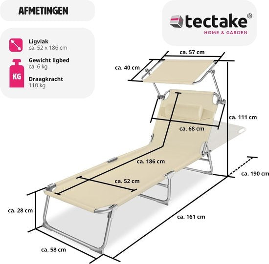 tectake - Liege, robust, verstellbar, Stahlgestell mit Sonnenschirm, 4-fach verstellbare Rückenlehne inklusive Kissen, Strandkorb Ideal für Garten, Pool, Camping- beige - 68 x 190 x 28 cm