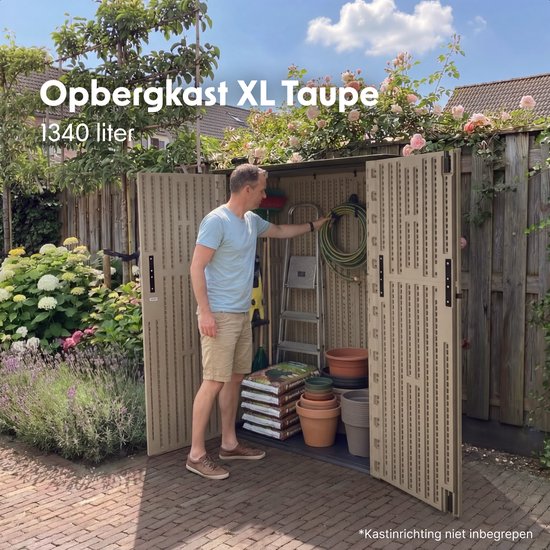 LifeGoods Gartenschrank Vertikal - 1340L - Aufbewahrungsschrank - Wasserdicht & UV-beständig - Gartenbox - Taupe