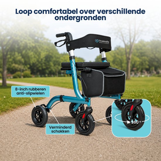 TrueSafe Rollator, leicht und zusammenklappbar (6,9 kg) – Für drinnen und draußen – Inkl. ergonomischem Sitzkissen, Beleuchtung, Rückenlehne, Gehstockhalterung und mehr – Blau