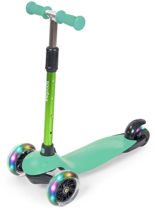LifeGoods Kinder-Tretroller – Für 2–5-Jährige – 3 leuchtende LED-Räder – Höhenverstellbar – Jungen/Mädchen – Münzgrün