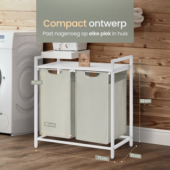 O'DADDY® Wäschekorb 2 Boxen - Ausziehbarer Wäschesortierer mit Regal - 76 Liter - 73 x 33 x 72 cm - Verstellbare Beine - Einfache Montage - Multifunktional und stilvoll - Metall - Weiß
