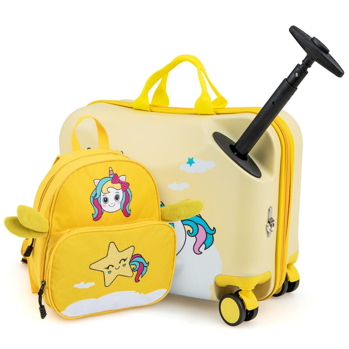 Coast Kinderkoffer- und Rucksack-Set – Ride-on-Koffer mit Rädern – Rucksack mit niedlichem Bienenmotiv – Gelb