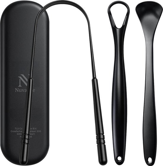Nuvance Professioneller Zungenschaber – 3-in-1-Set – für die Mundpflege – Zungenreiniger – Zungenschaber – Tongue Scraper – Edelstahl – Schwarz