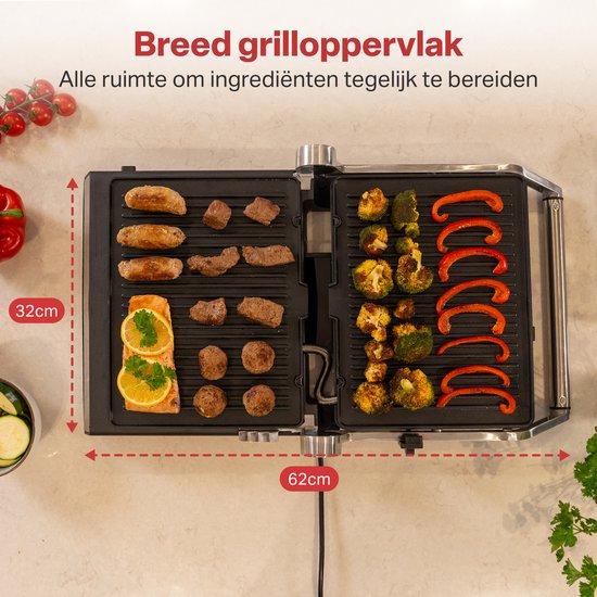 AoraKitchen Kontaktgrill - 180º ausklappbar - Grillgerät mit abnehmbaren Platten - 7 Ständer - Sandwich- und Panini-Eisen - 2000W