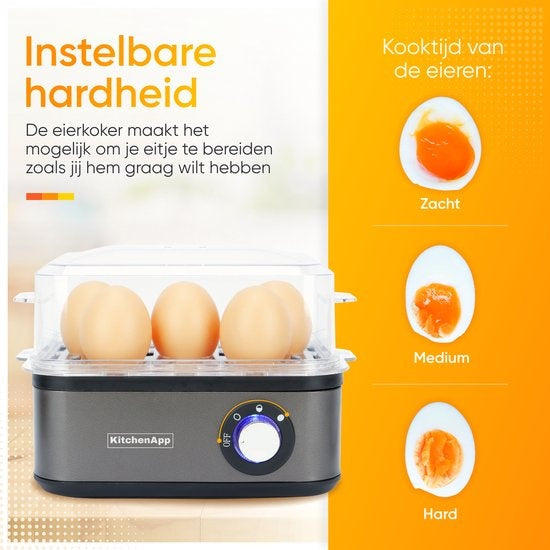 KitchenApp Eierkocher elektrisch - Geeignet für 8 Eier - Mit Zeitschaltuhr - Inklusive Messbecher - Silbergrau