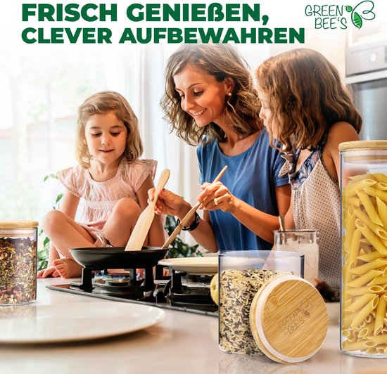 GREEN BEE`S 6er Set Vorratsglas groß - 2x1500ml & 4x650ml - Passgenau für Schublade & Apothekerschrank - Nachhaltige Vorratsgläser mit Deckel luftdicht - Für Mehl, Reis, Nudeln, Müsli und Bohnen