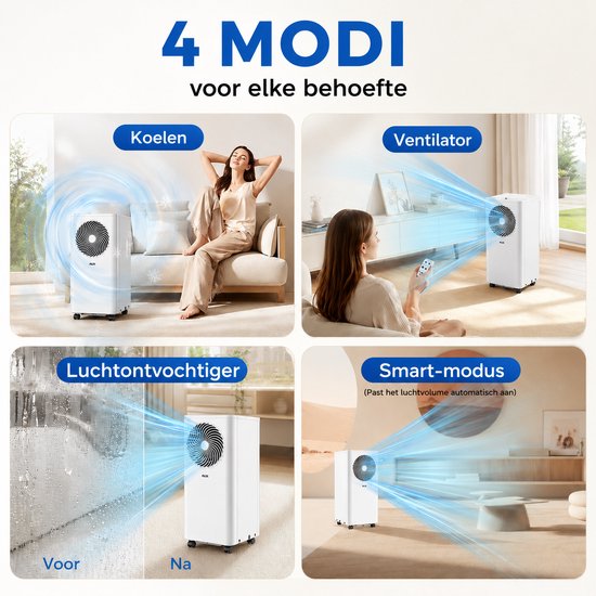 AUX 3-in-1-Mobilklimaanlage 9000 BTU (bis zu 36 m²), Energieeffizienzklasse A, WLAN & Fernbedienung, 4 Betriebsstufen, Selbstdämpfung, Kältemittel R290, waschbarer Filter, inklusive Fensterhalterung