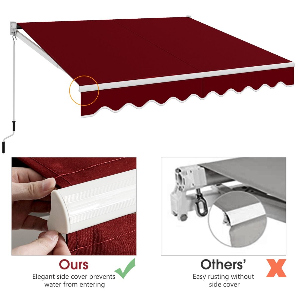 Coast Manueller ausziehbarer Sonnenschirm 295x250 cm - Rot - Aluminiumrahmen - Verstellbarer Winkel 40°-100° - Ohne Bohren