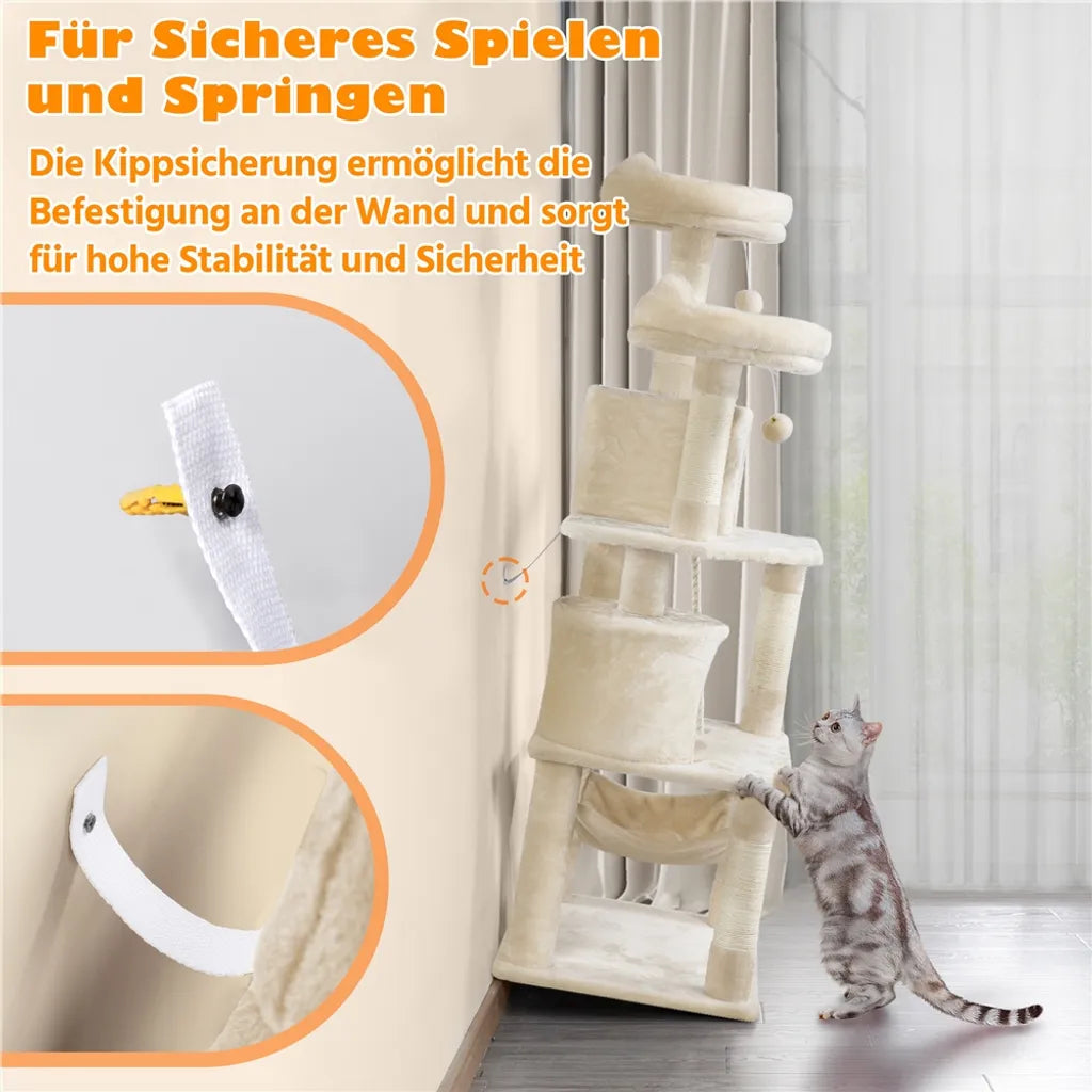 Yaheetech Kratzbaum Beige - 158 cm hoch - Mit 2 Plattformen, 2 Katzenhäusern und 5 Sisal-Kratzbäumen