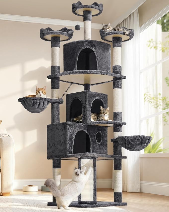Yaheetech Kratzbaum für Katzen – 3 Katzenhäuschen – 194 cm hoch – dunkelgrau