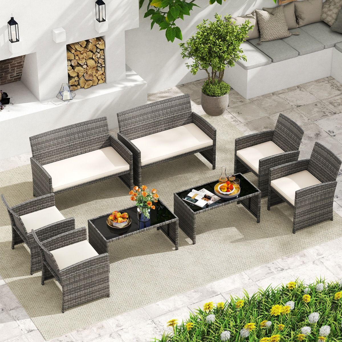 Coast 4-teiliges Gartenmöbel-Set – Rattan-Lounge-Set mit weißen Kissen – Tisch mit Sicherheitsglas – grau