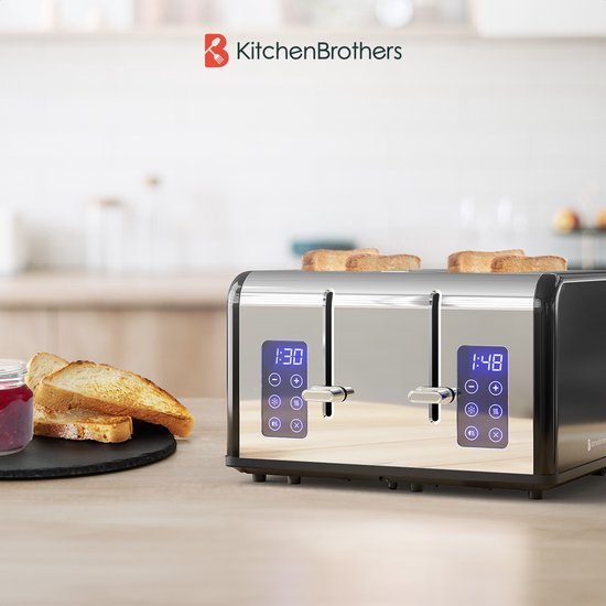 KitchenBrothers Toaster - Toaster - 6 Heizstufen - 4 extra breite Schlitze - Touch-Display - 1630W - Edelstahl/Schwarz