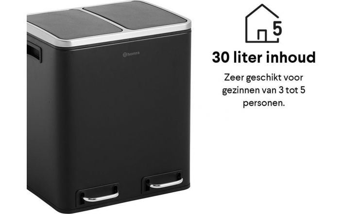 Homra BLINQ Afvalscheiding prullenbak met 2 vakken - 2 x 15 L inhoud - Duo pedaalemmer Zwart - Afvalemmer 30 Liter - Recycle Afvalbak - Zwarte Afvalscheidingsprullenbak - HygiÃƒÂ«nisch Afval Scheiden - Keuken Vuilbak - Kantoor