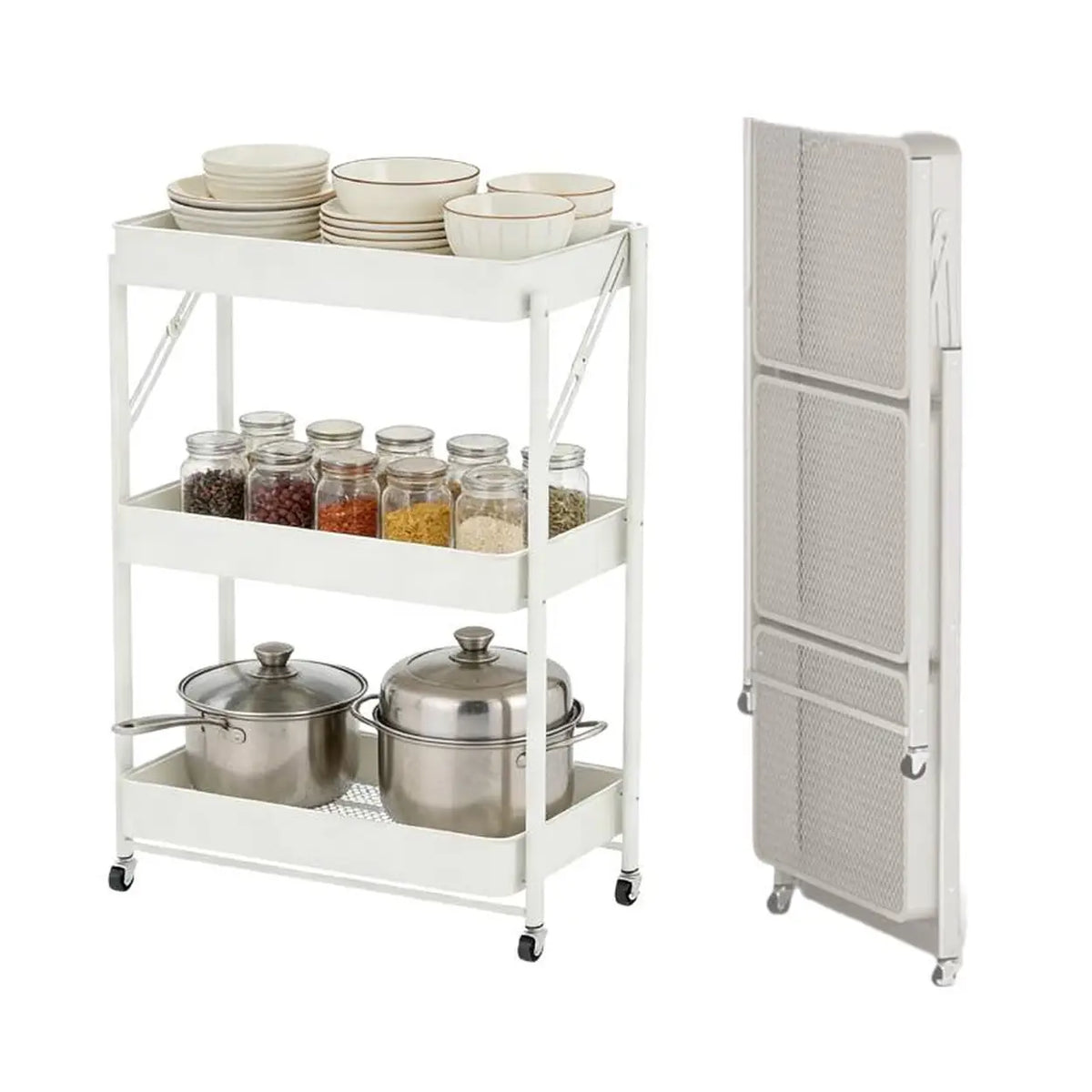 J.ZAO Zusammenklappbarer Küchenwagen – 30 × 45 × 77 cm – Weiß – 3 Ebenen – Rollbar und montagefrei