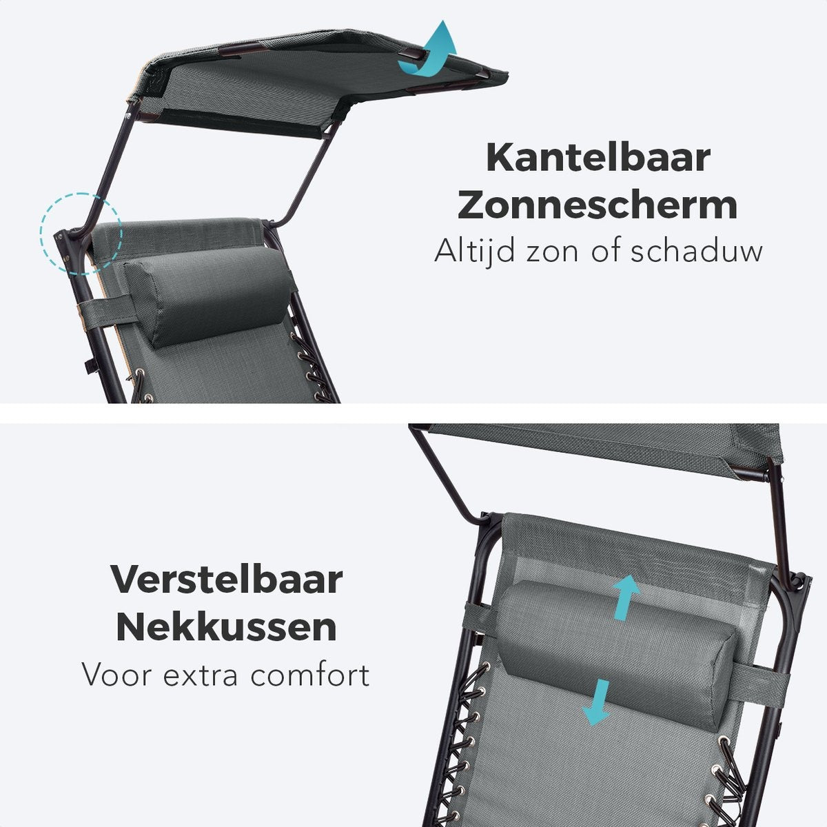 LifeGoods Faltbare Gartenstühle - mit Sonnendach - Verstellbarer Sonnenschirm - 2 Stück - 30Â°-90Â° verstellbar - Metall - Dunkelgrau