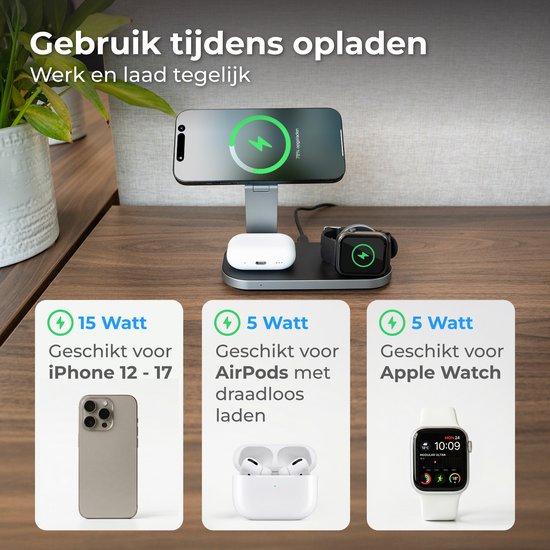 Nuvance Kabelloses Ladegerät – 3-in-1 – 15 W – Ladestation – Schnellladegerät – Wireless Charger – Geeignet für Apple Smartwatch und Ohrhörer