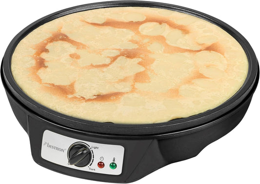 Bestron Crêpes-Pfanne Ø 30 cm – Crêpes-Pfanne mit Teigverteiler und Crêpes-Spatel – Antihaftbeschichtung – 1000 Watt – Schwarz