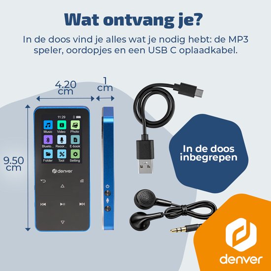 Denver MP3/MP4-Player – Bluetooth – Zufallswiedergabe/Wiederholung – SD-Karte bis zu 128 GB – inkl. Ohrhörer – Diktiergerät – MP1830BU – Blau