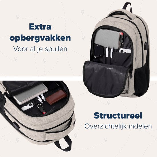 TRVLMORE Rucksack mit Lifetime - Rucksack mit 15.6 Zoll Laptopfach - Schultasche - Spritzwassergeschützt - Männer und Frauen - Jungen und Mädchen - 28L - Champagner