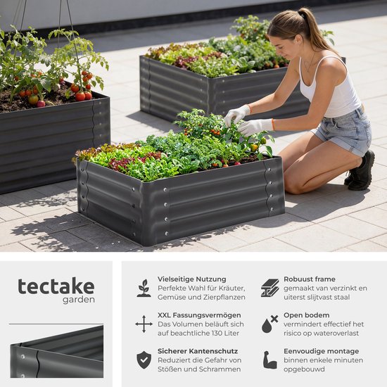 tectake® Erhöhter Pflanzkübel – 80 x 60 x 30 cm – 130 l – Pflanzkübel für den Außenbereich – Anzuchtkasten – Gemüsegarten-Kasten – Verzinkter Stahl – Offener Boden – Kräutergarten – Gartenkübel – Ergonomisch