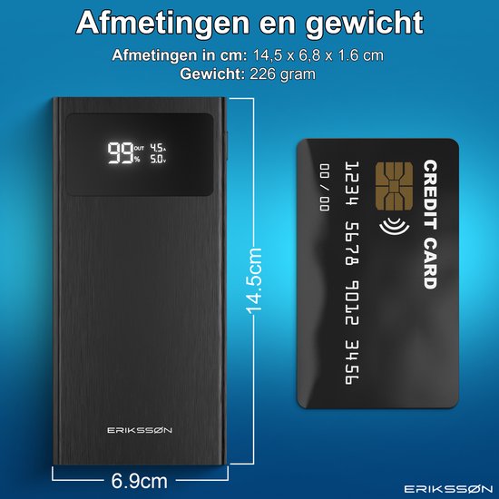 Erikssøn Core Pro Charge Powerbank – 10.000 mAh – 22,5 W Schnelllader – USB-A/USB-C – LED-Anzeige – Universelle Powerbank, u. a. für iOS/Android geeignet