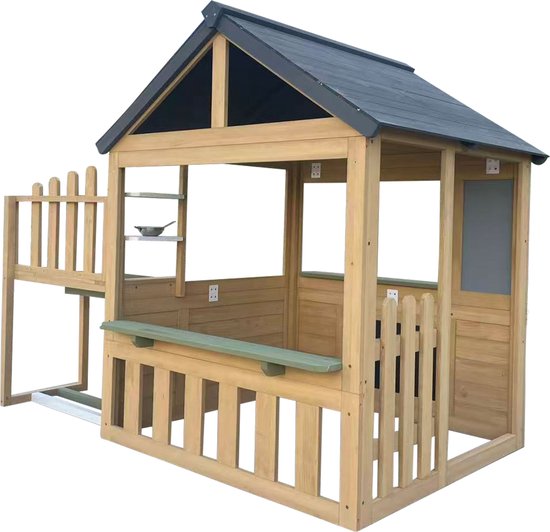 AXI Lizz Spielhaus Braun/Anthrazit – Holzspielhaus mit Spielküche, Kreidetafel, Spiegel, Blumentöpfen und Zubehör – FSC-zertifiziertes Holz – Gartenhaus für Kinder – 10 Jahre Garantie