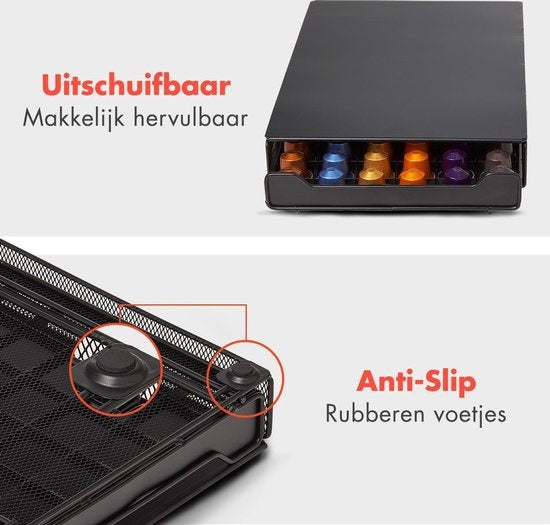 KitchenBrothers Kapselhalter - mit Schublade - Nespresso - 60 Tassen - Schwarz