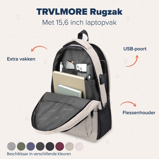 TRVLMORE Rucksack mit Lifetime - Rucksack mit 15.6 Zoll Laptopfach - Schultasche - Spritzwassergeschützt - Männer und Frauen - Jungen und Mädchen - 28L - Champagner